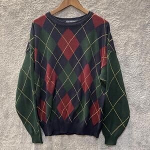 Men's Thick Cotton Argyle Sweater Crewneck Sz XL Navy Blue Green Red Maroon Cozy